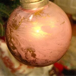 Handmade Glass ornament, salmon and gold, EUC